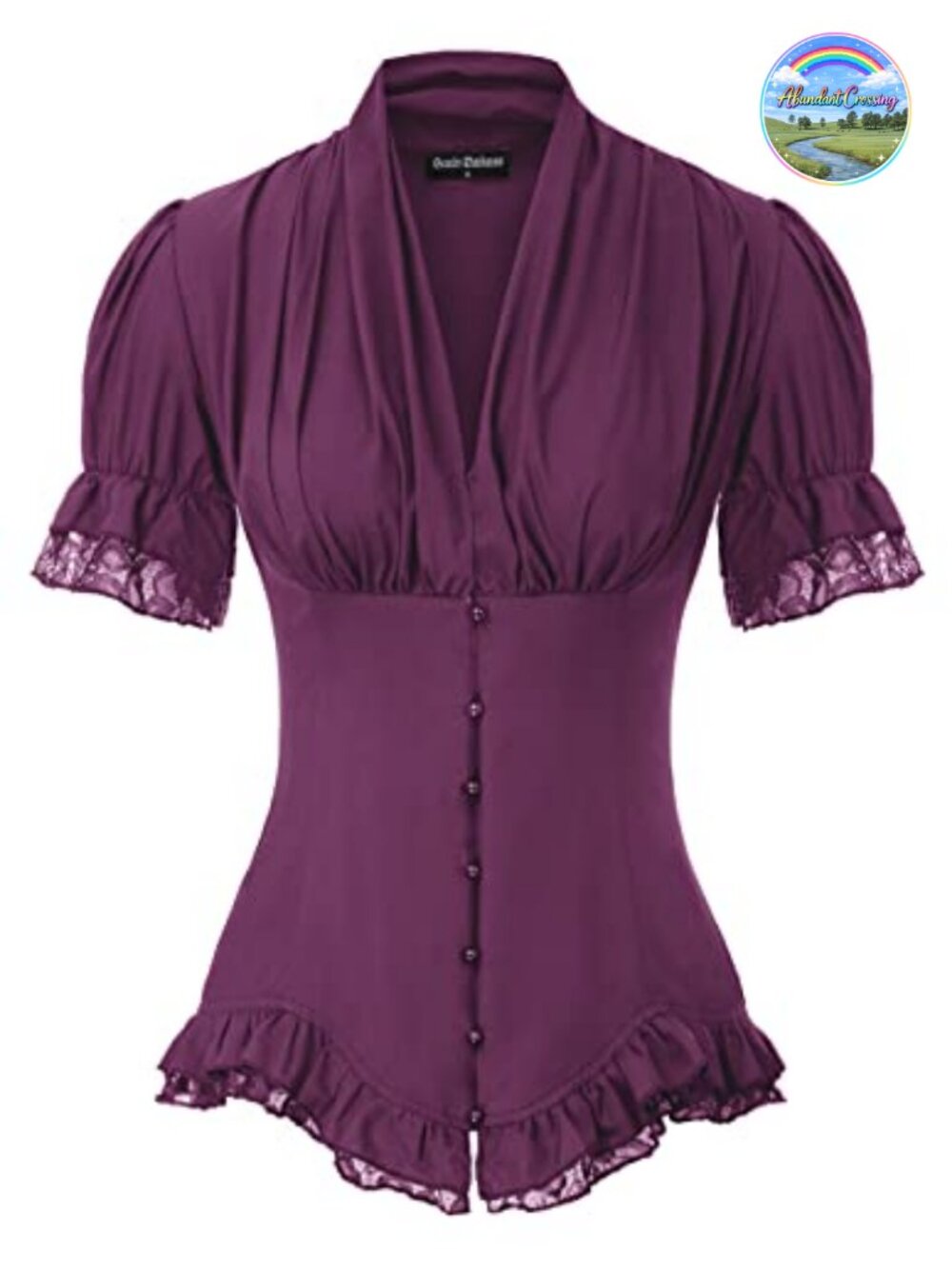 Victorian Lace Up Short Sleeve Blouse V-Neck Button Down Top